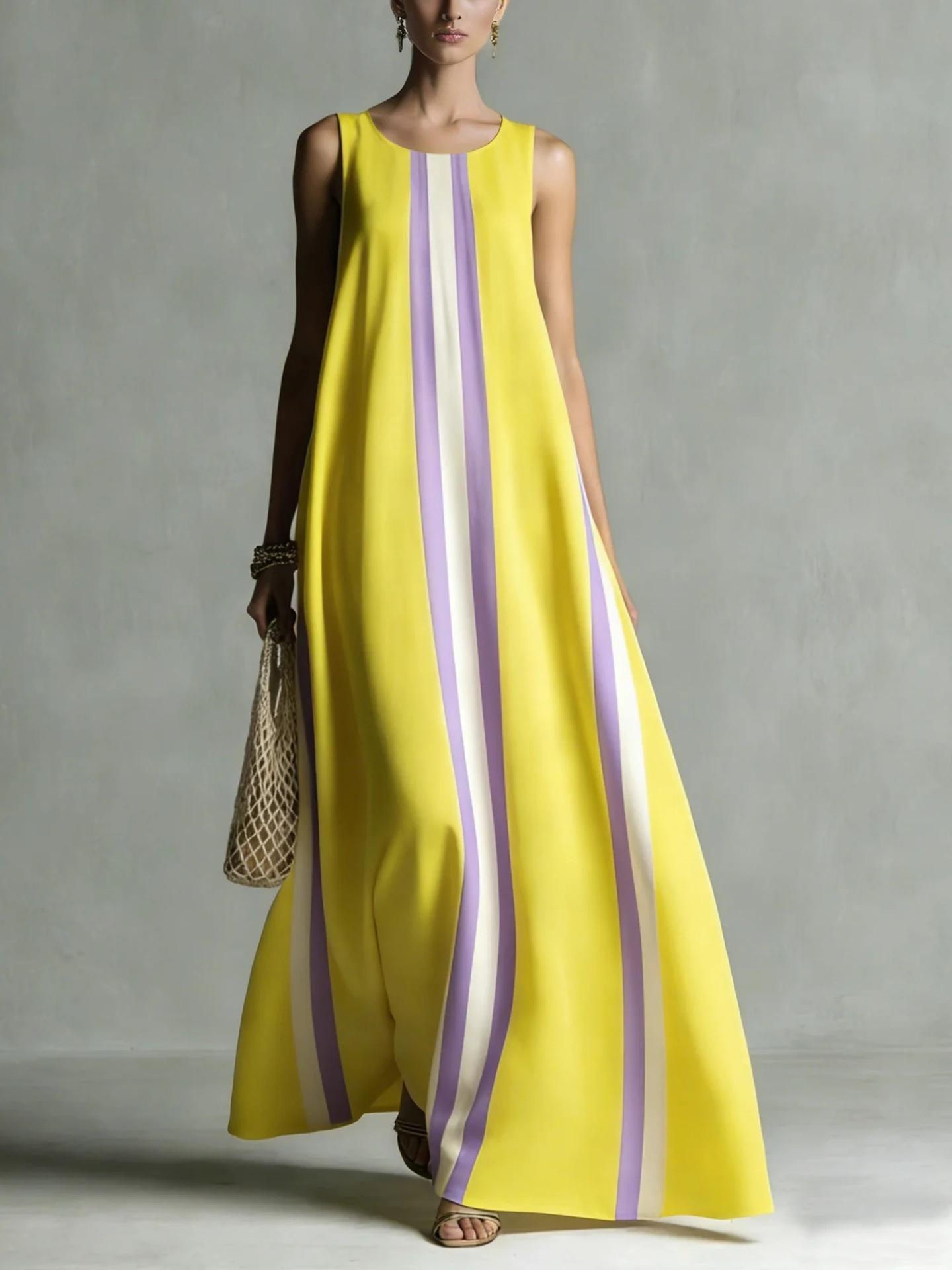 Fashion casual contrasting color printing crew neck long skirt women s 2026 summer new thin sleeveless skirt S