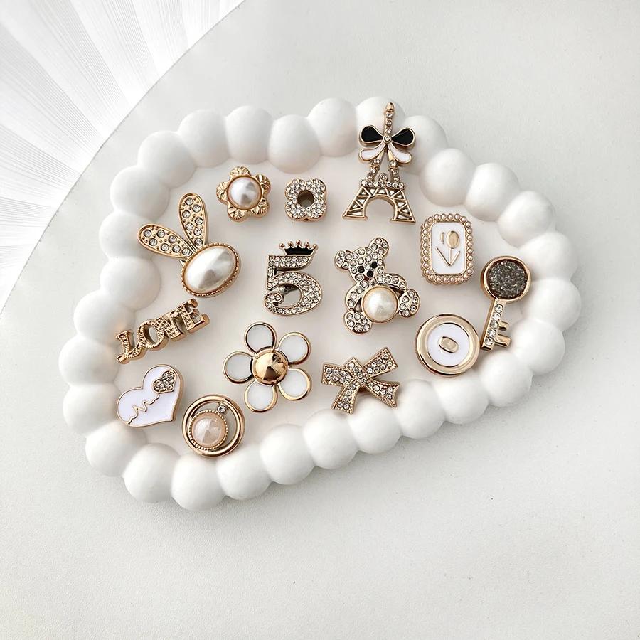 14pcs Sparkling Rhinestone Faux Pearl Shoe Charms Pins Set DIY Detachable Decorative Accessories Suitable For CROCS Clogs