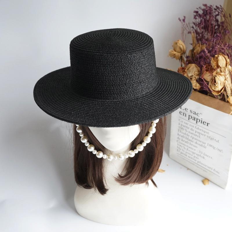 Street Shot Black Pearl Chain Flat Top Top Top Hat Women'S Summer French Retro European And American Wide Brim Sunscreen Straw Hat Foreign Trade Ins
