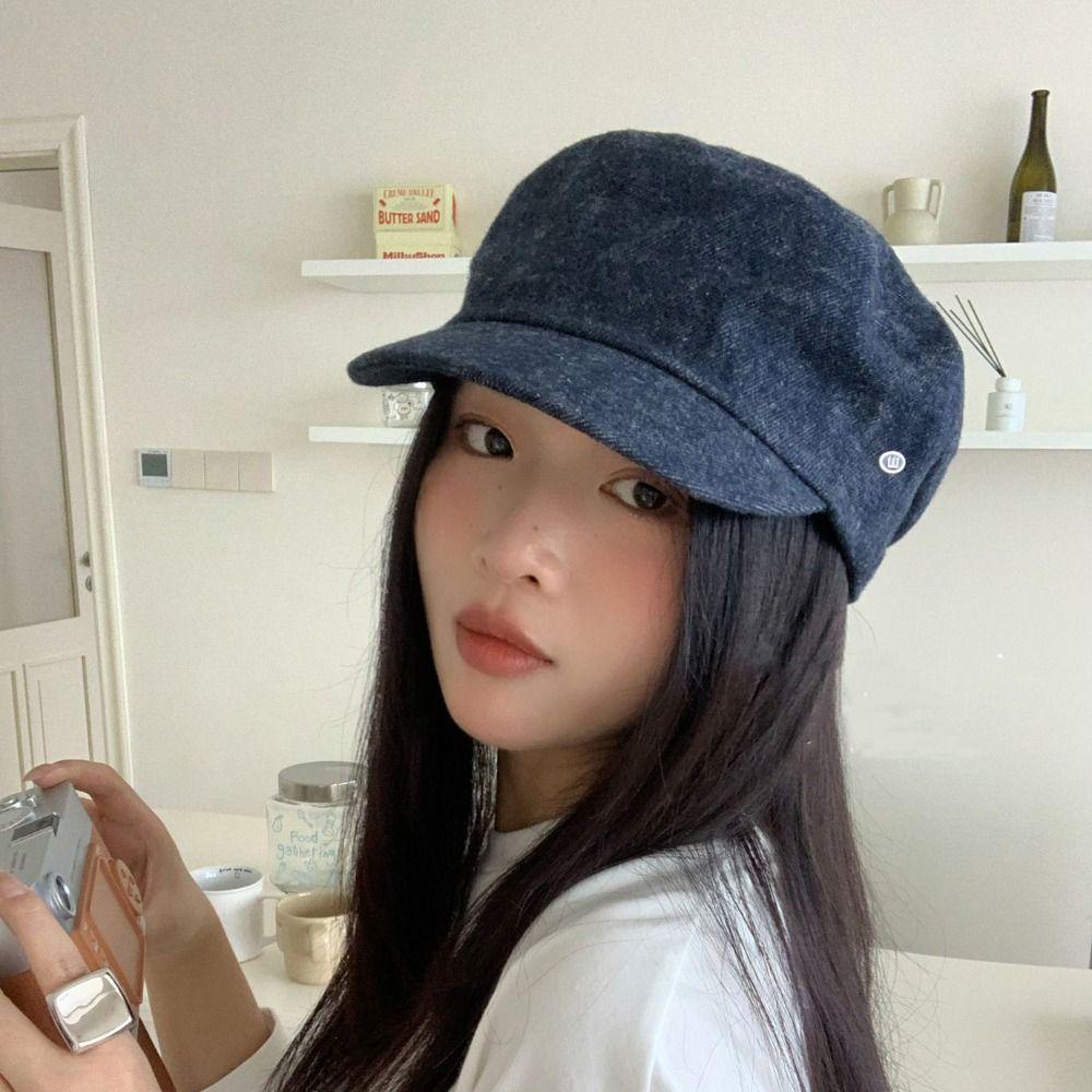 Flat Brim British Style Painter Cap Y2k Octagonal Hat Korean Demin Beret Streetwear