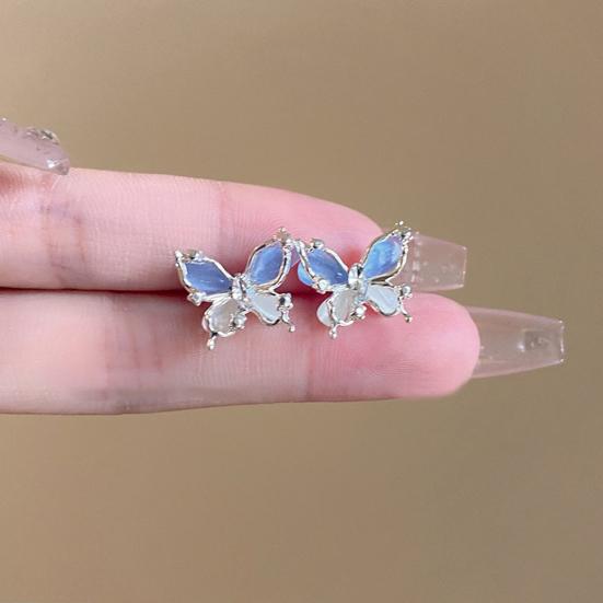 1 Pair Women Stud Earrings Double-layered 3D Butterfly Faux Opal Polished Anti-slip Ear Studs Prom Dating Party Ear Jewelry