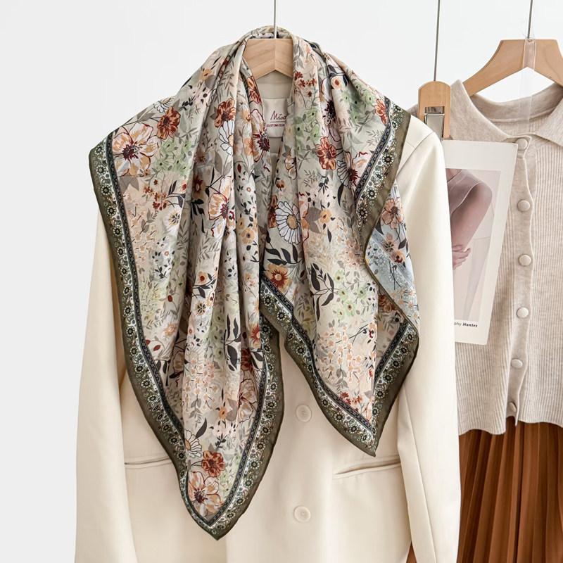 Pastoral Floral Velvet Double-sided Scarf 91 Large Square Scarf Women's Summer Travel Photo Silk Scarf Sun Protection Shawl
