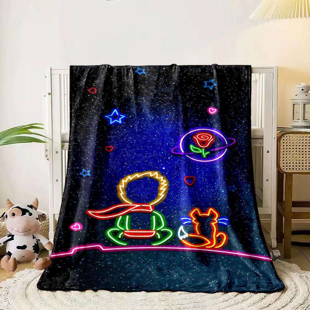 

A glowing neon illustration of a boy, a fox, and a rose in a starry sky. for all seasons blanket lunch break throw gift 80cm x 120cm