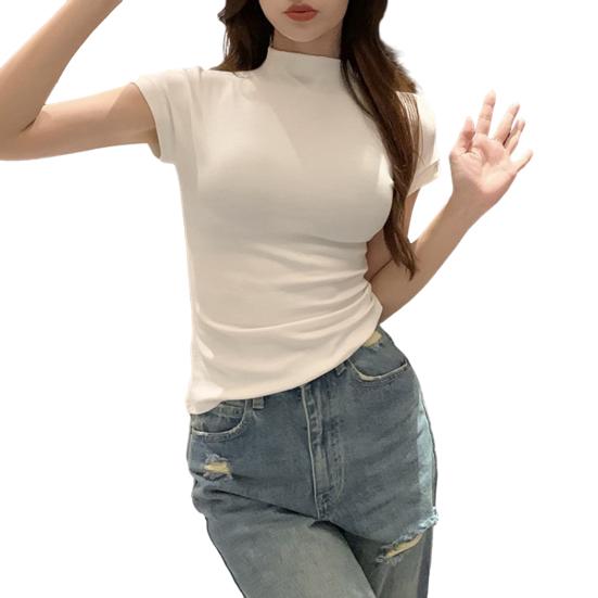 

Женские топы с высоким воротником и короткими рукавами, облегающие футболки, однотонные мягкие эластичные пуловеры, повседневная одежда L белый