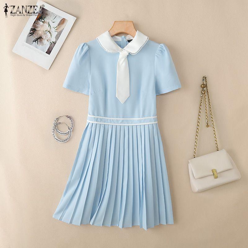 ZANZEA Women Splice Collar Casual Short Sleeve Elegant Pleated Dress
