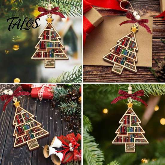 Unique Gift for Book Worms Christmas Wooden Hollowed Pendant, Cross/Christmas Tree Hanging Ornament, Decorative Rustic Wood Ornament Plaid Bow