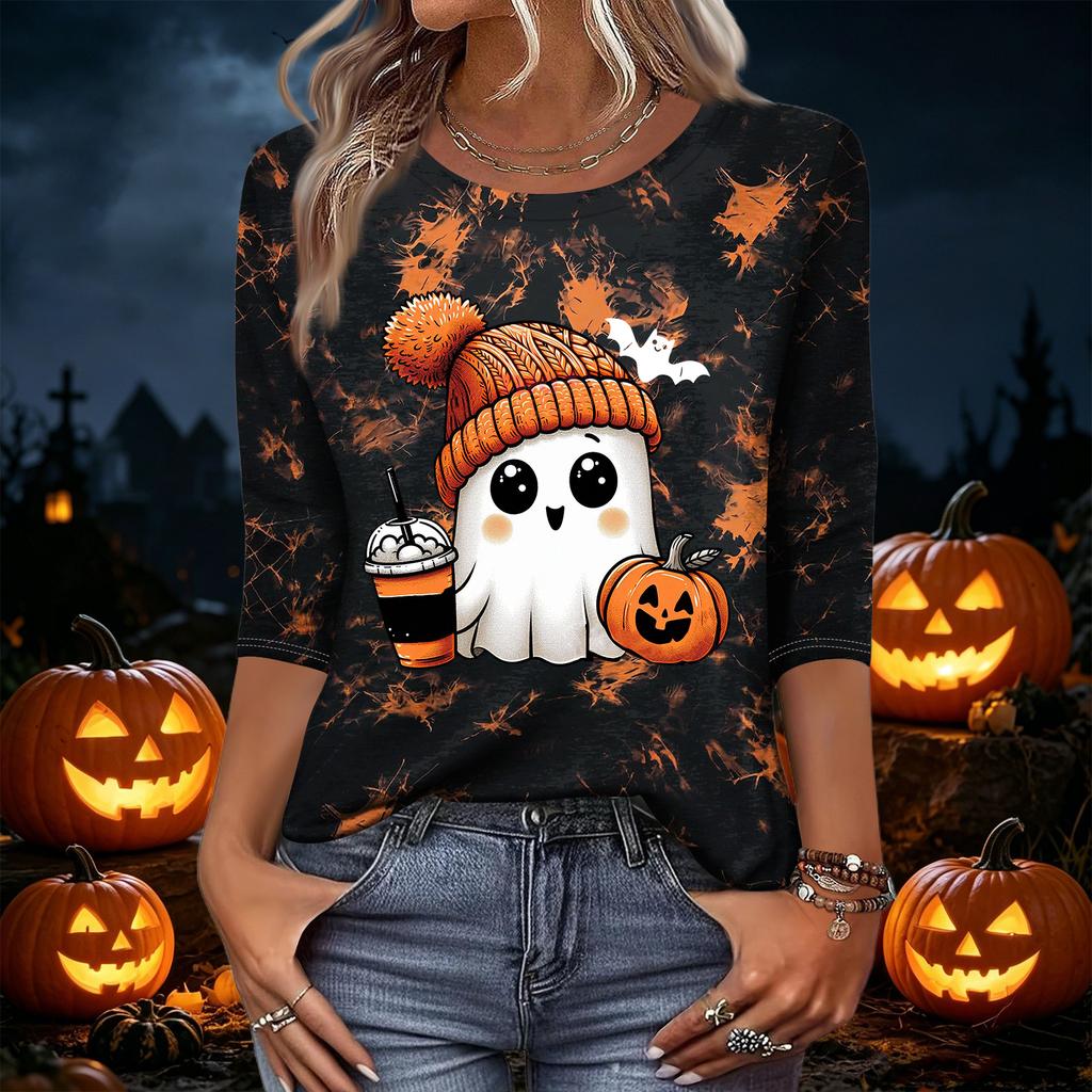 Women's Fashion Casual Three-Quarter Sleeve Halloween Print Neck Top