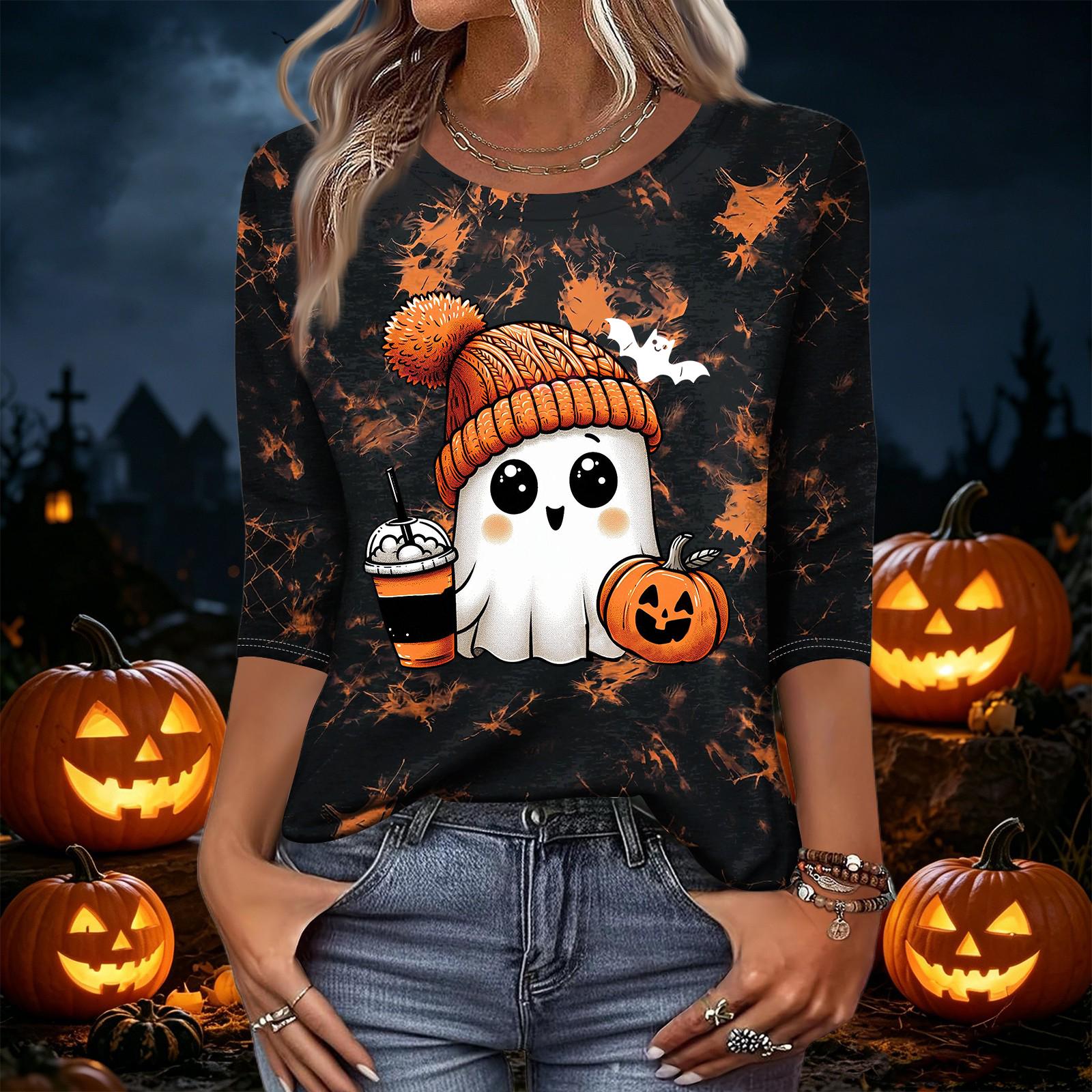Women s Fashion Casual Three-Quarter Sleeve Halloween Print Neck Top M