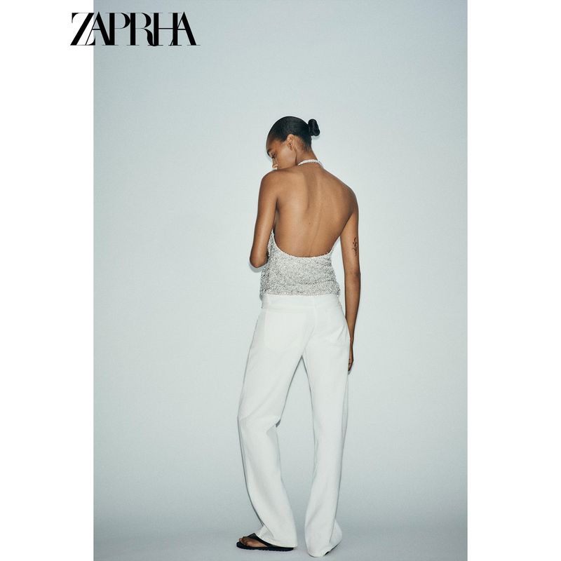 Zaprha 2025 Summer New All-Match Pleat Sequin Girly Style V-neck Sleeveless Sling Top 1014801