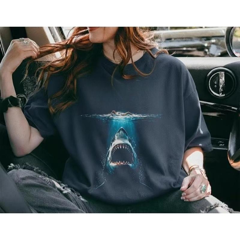 Black Bold Red Top Text Deep Sea Openmouth Shark Graphic T Shirt Ocean Thrill Style Oversized Short Sleeve Unisex Tops