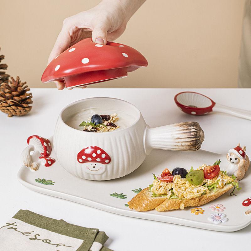 Red Mushroom Handle Bowl with Lid Creative Ceramic Breakfast Fruit Dessert Plate Creative Mushroom Salad Bowl Spoon Cutlery New