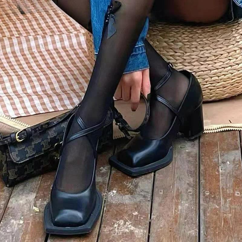 Square Toe Chunky Mary Jane Shoes Women Shallow Strap Retro Women Shoes Designer Pumps Woman Spring Fall New Black High Heels