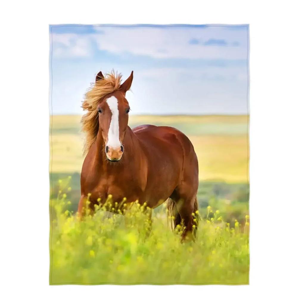 Horses Blankets Coral Fleece Plush Summer Nature Wild Animals Portable Lightweight Throw Blankets for Home Car Bedspreads
