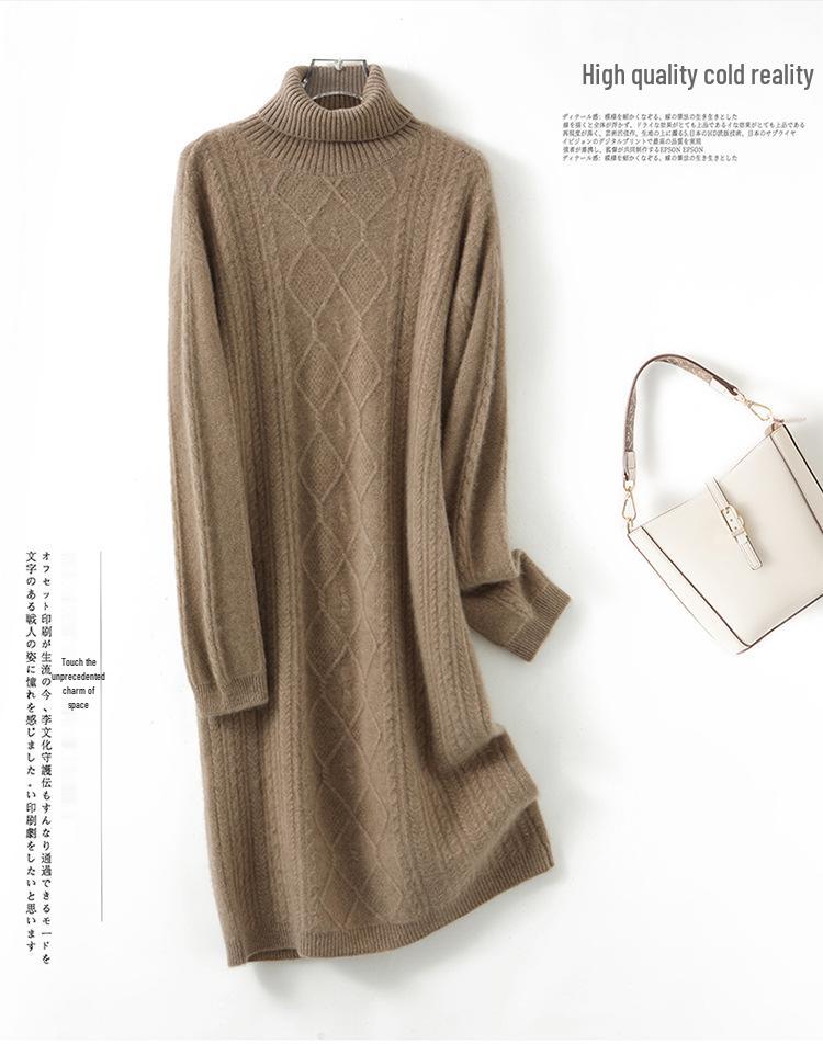 Women's Mid-Length Wool Cashmere Sweater Dress - Bat Sleeve, High Neck, Loose Fit, Autumn/Winter Style