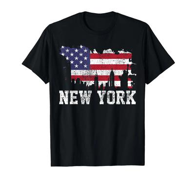 Vintage New York City NYC Skyline USA Flag America Gift TShirt Men Summer Fashion Cotton Roundneck Shortsleeved Top Clothing