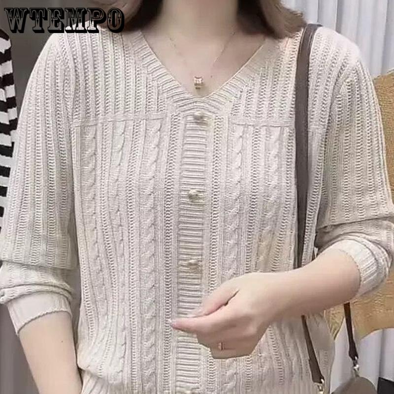 Autumn Women's Knitted Sweater Long Sleeve Design Loose Knitted Top V-Neck Medium Length Sweater