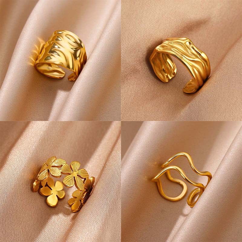 Stainless Steel Gold Color Irregular Geometric Opening Rings for Women Fashion Metal Texture Wide Rings Aesthetic Jewelry Gift