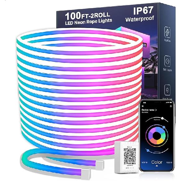 Nexillumi 32.8FT Neon LED Rope Lights IP67 Waterproof LED Lights for Bedroom Flexible LED Light Strip with Remote and APP Control RGB Lighting Strip