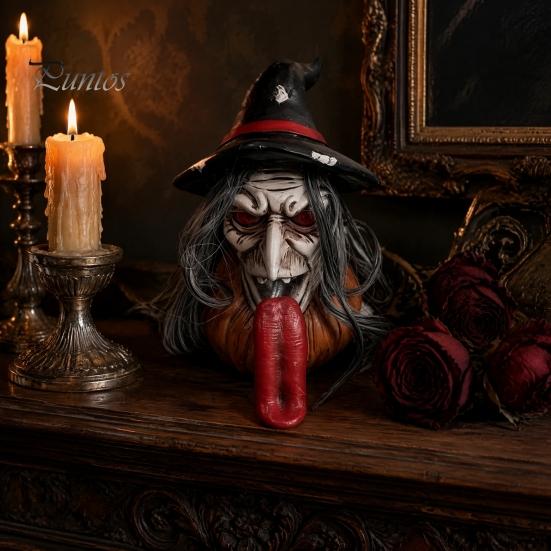 Decorative Holiday Statue Halloween Long Tongue Witch Pumpkin Ornament, Spooky Gothic Desktop Resin Farmhouse Decor Figurine, Collectible Tabletop