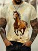 Men's Oil Painting Style Horse Print T-Shirt, Abstract Galloping Horse Art Design, Casual Crew Neck Short Sleeve for Animal Lovers