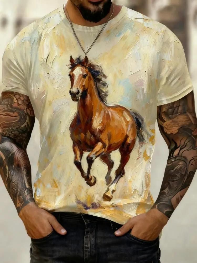 Men's Oil Painting Style Horse Print T-Shirt, Abstract Galloping Horse Art Design, Casual Crew Neck Short Sleeve for Animal Lovers