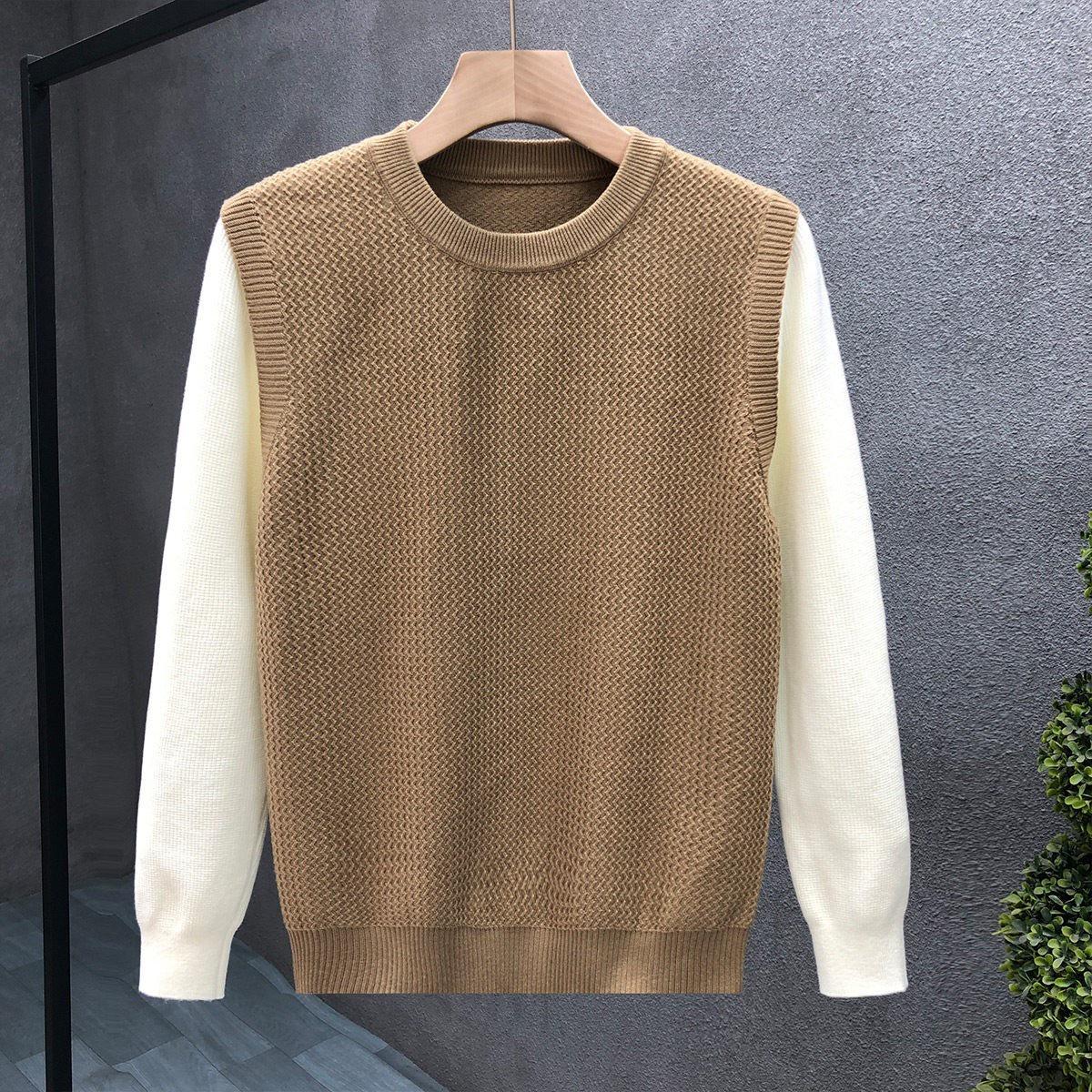 

Autumn/Winter 2025 Men s Color Block Patchwork Two-Piece Look Knit Pullover Sweater XL