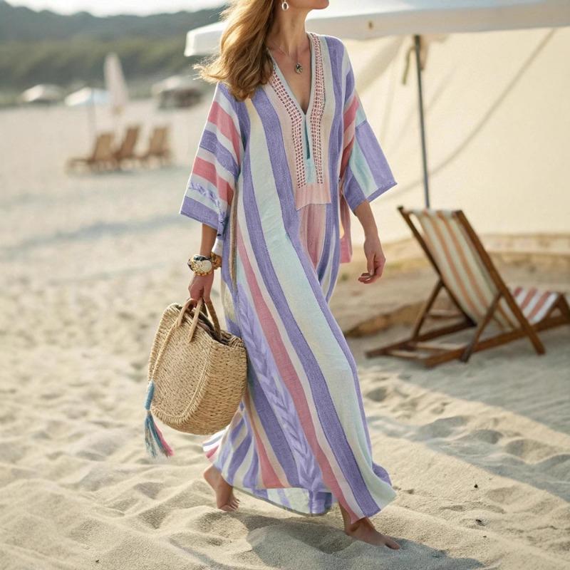 2025 New Women's Casual Long-sleeved V-neck Printed Women's Dress Elegant and Versatile Loose Dress