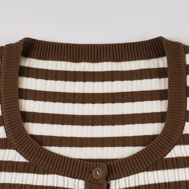 European & American Retro U-Neck Color Block Stripe Knit Sweater - Women's Casual Long Sleeve Top