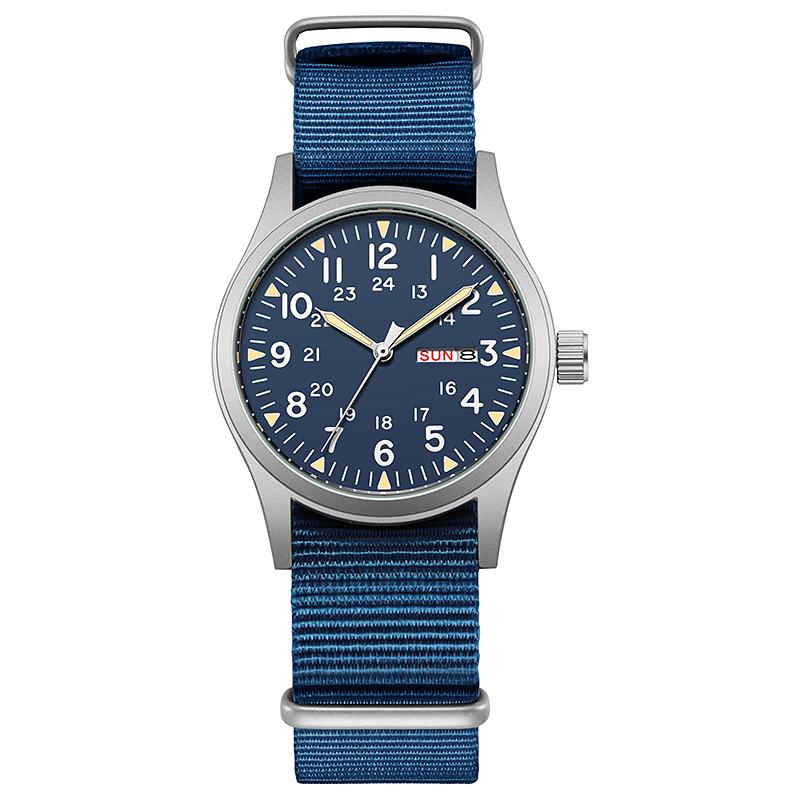 TPW Leuchtende 38mm Herren-Felduhr Leicht ablesbar Stoffarmband 24-Stunden-Anzeige Datum Wochentag Funktion Quarzwerk