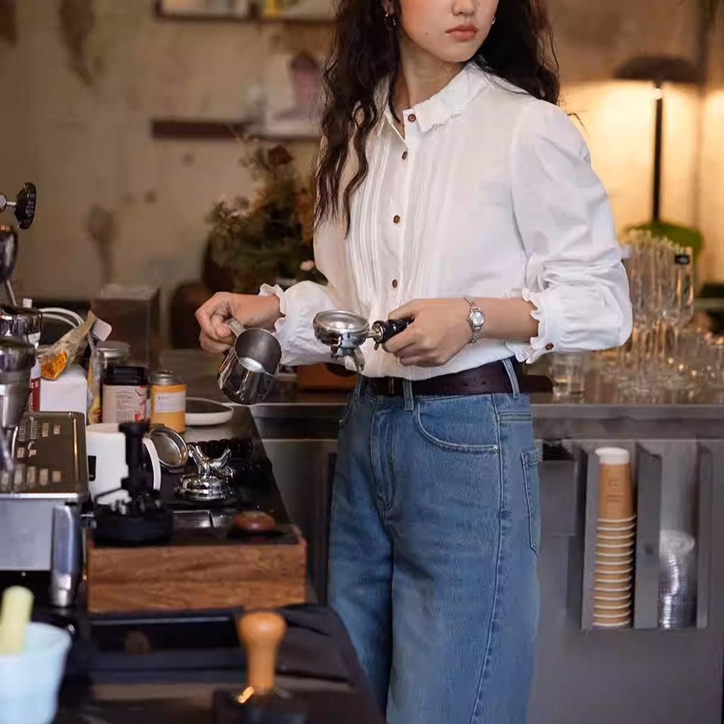 Solighter French retro white lace collar long-sleeved shirt women's spring new slim top
