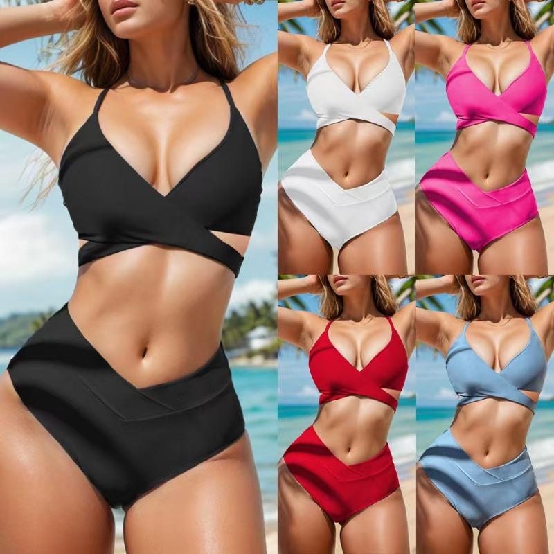 European and American Bikini Solid Color Lace-up Sexy Bikini Split Swimsuit Swimsuit Women's High Waist