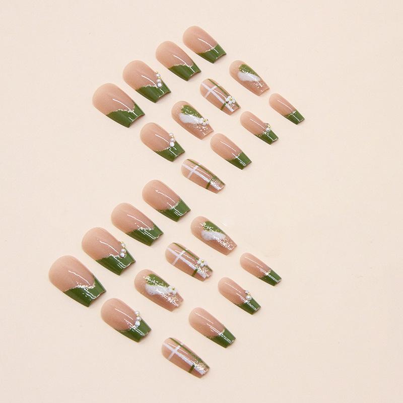 Cute Short Ballet Fresh Natural Green French Diamond Summer Flower Nail Piece Wear Nail Piece