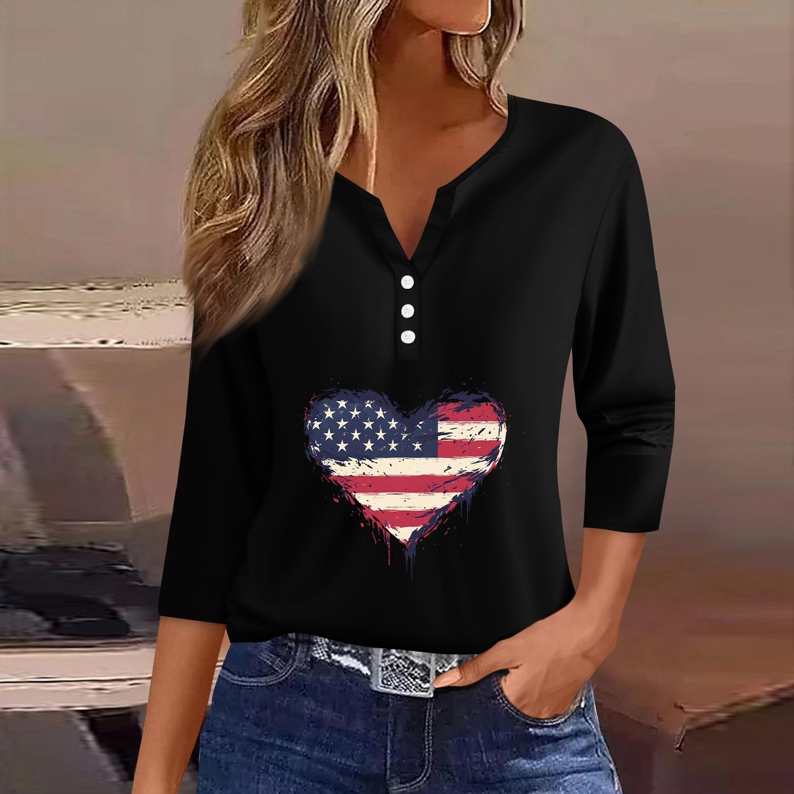 

Жен. Футболка Футболка С принтом Пуговицы Рукав 3/4 Повседневные Выходные Мода Классический V-образный вырез Обычный Топ M чёрный