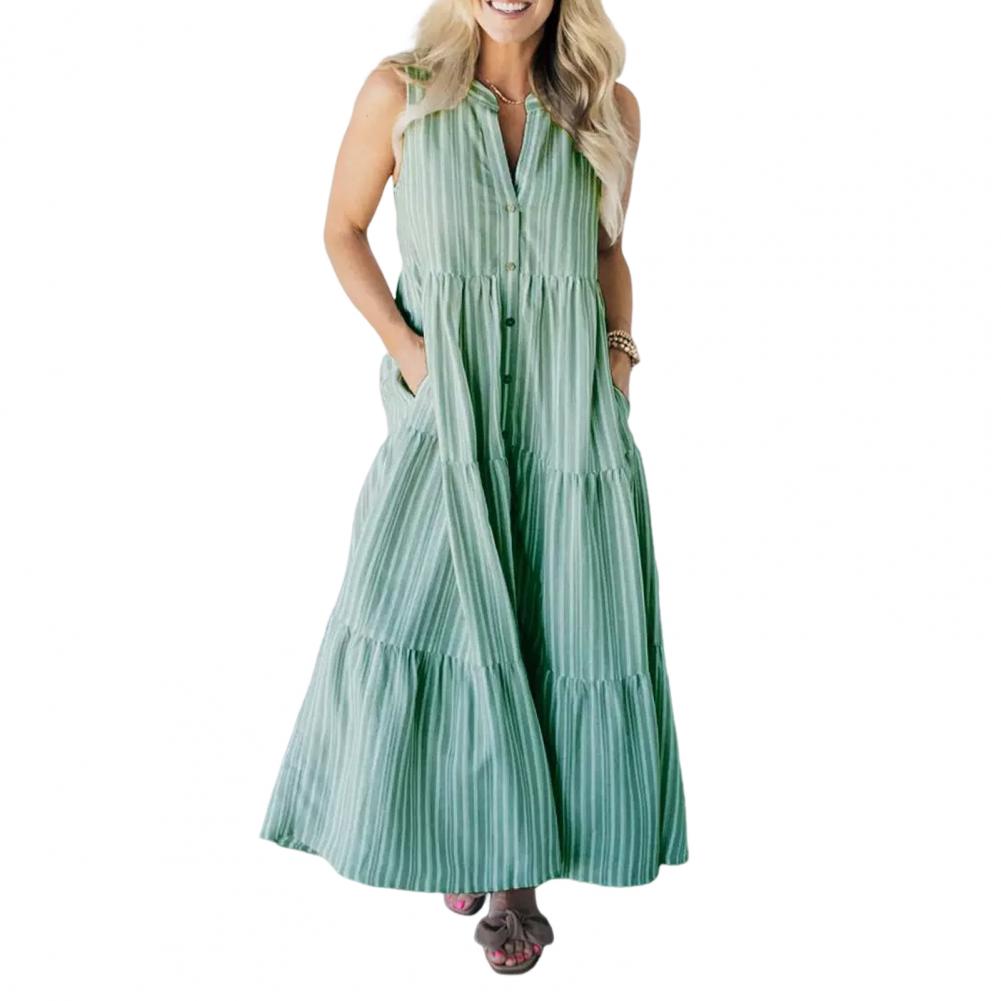 Summer Women Dress Sleeveless A-line V Neck Striped Print Single-breasted Side Pockets Big Swing Buttons Shirt Type Pleated Patc