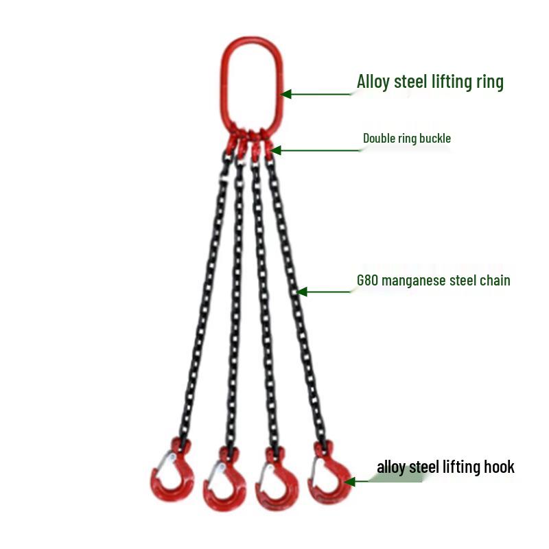 Four-Limb Lifting Chain Sling Set with Two Hooks and Lifting Eyes - Available in Single, Double, and Four Leg Options