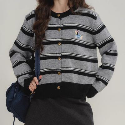 Herbst Winter Kontrastfarben Pullover Damen Vintage O-Ausschnitt Lässig Locker Gestreift Gestrickte Strickjacke Damen Stickerei Lazy Mantel