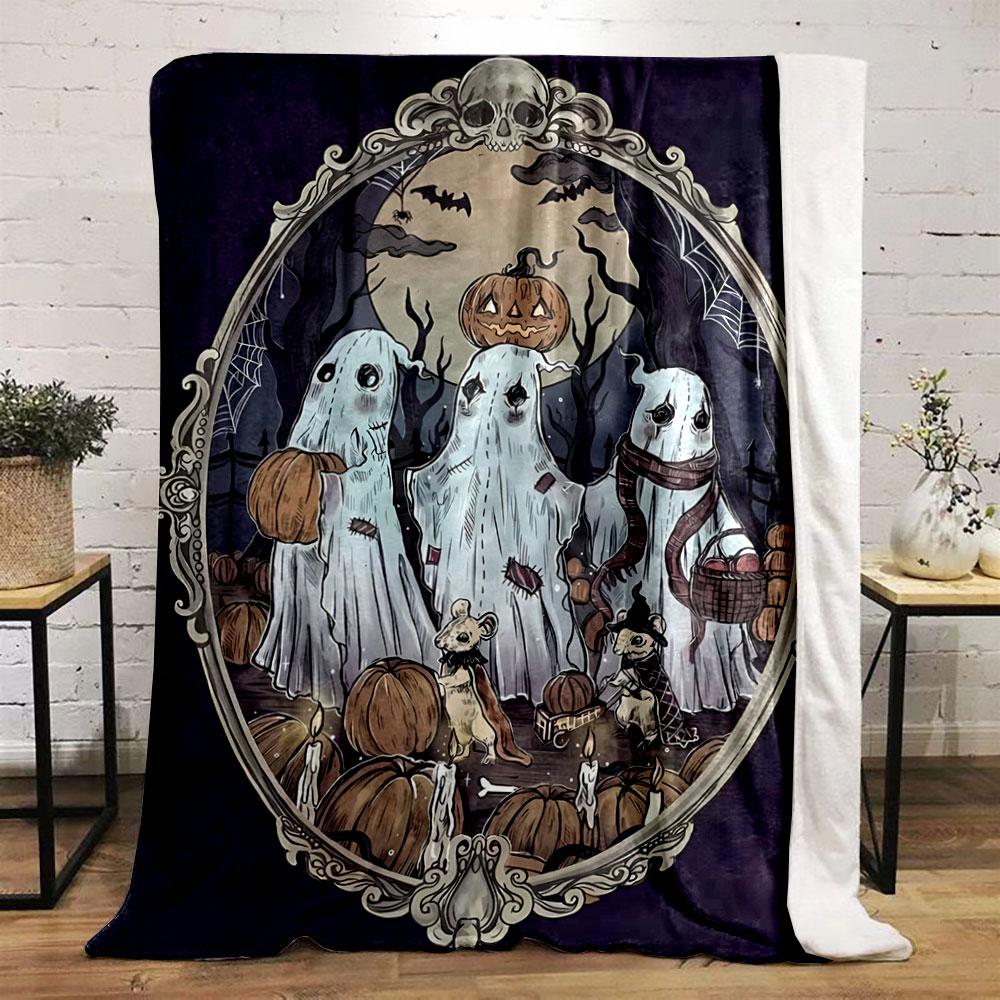 Ghosts, Pumpkins, Candles, Bats, and Mice Depicted In a Spooky Setting. for All Seasons Blanket Lunch Break Throw Gift