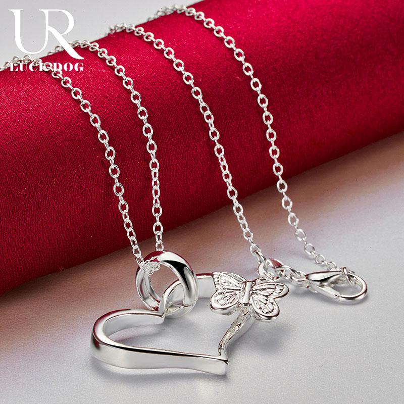 925 Sterling Silver Heart-shaped Butterfly 18 Inch Pendant Necklace Fashionable Wedding Jewelry