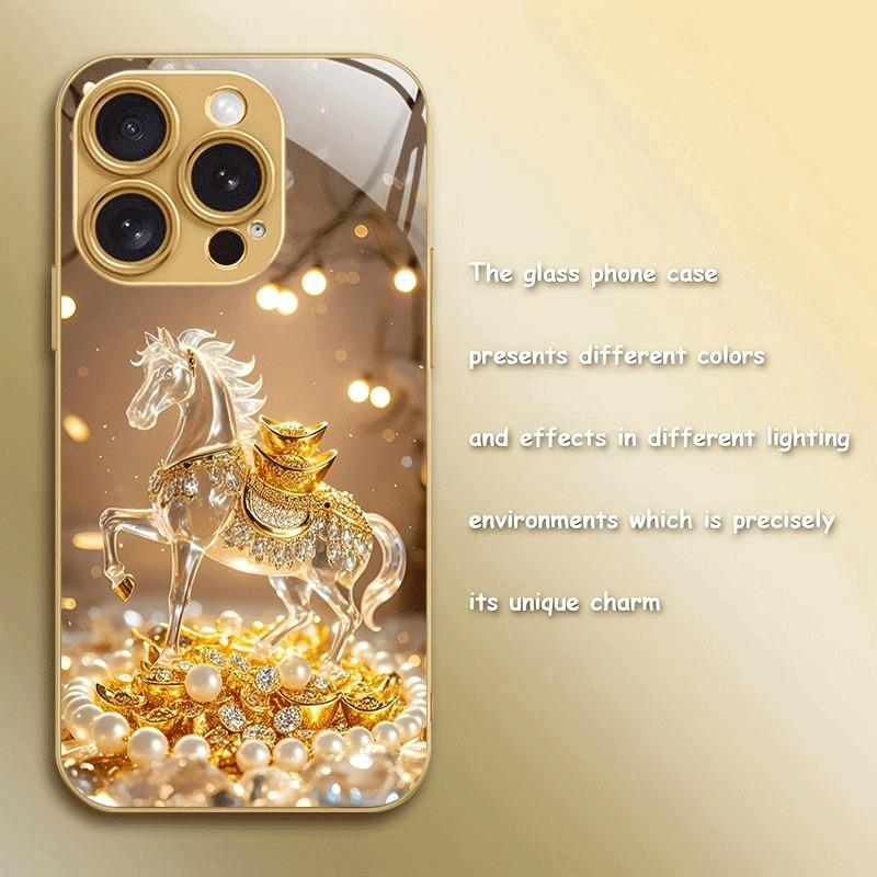 Crystal Golden Horse Pearl Ingot Metallic Paint Glass Phone Case For iPhone 17 16 15 14 13 12 11 Pro Max Plus 17 Air 16E Cover