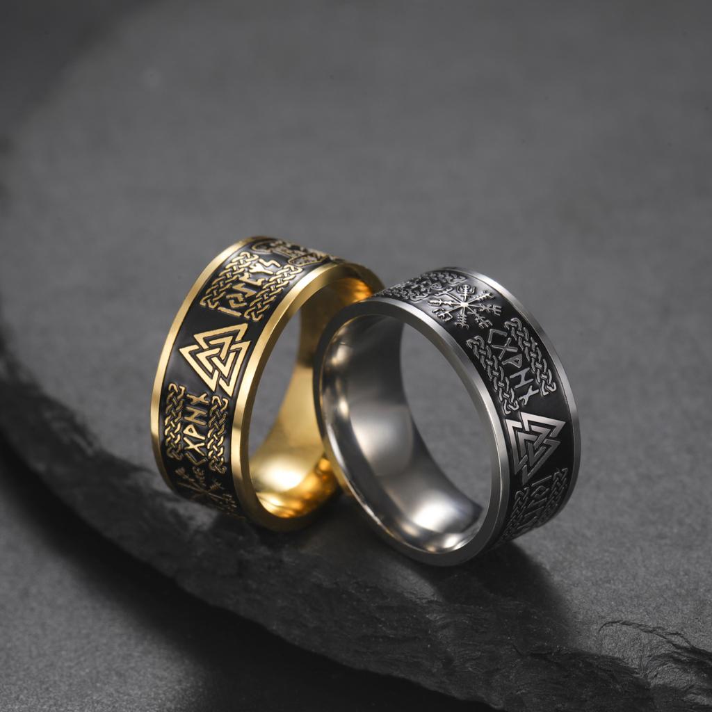 VASSAGO Viking Celtic Runes Ring For Men Triquetra Trinity Norse Jewelry Black Ring Good Luck Irish Mens Jewelry