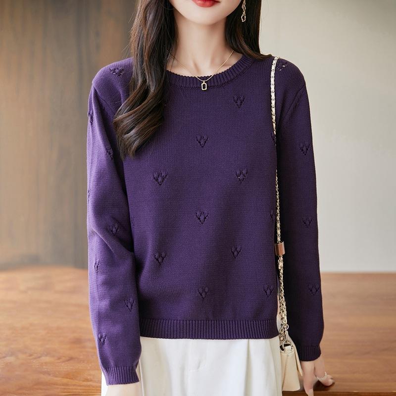 Neuer Herbst- und Winter-Rundhals-Strickpullover, Langärmliger gehäkelter Pullover mit Aushöhlungen, Basisschicht und Oberteil