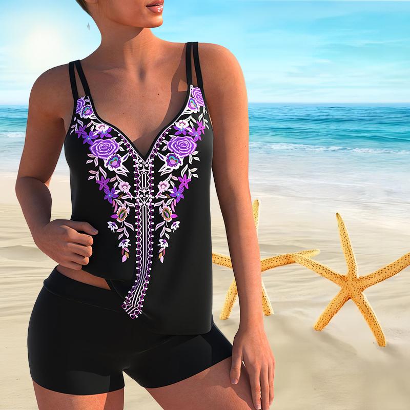 

Жіночий купальник на плечових лямках із симетричним принтом троянди Бікіні Короткий купальник без рукавів 6XL фіолетовий