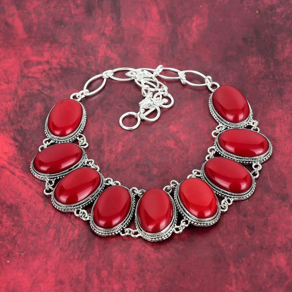 Red Coral Handmade Gemstone Necklace, 925 Solid Sterling Silver Necklace Antique Jewelry, Adjustable Chain Necklace Engagement Gift