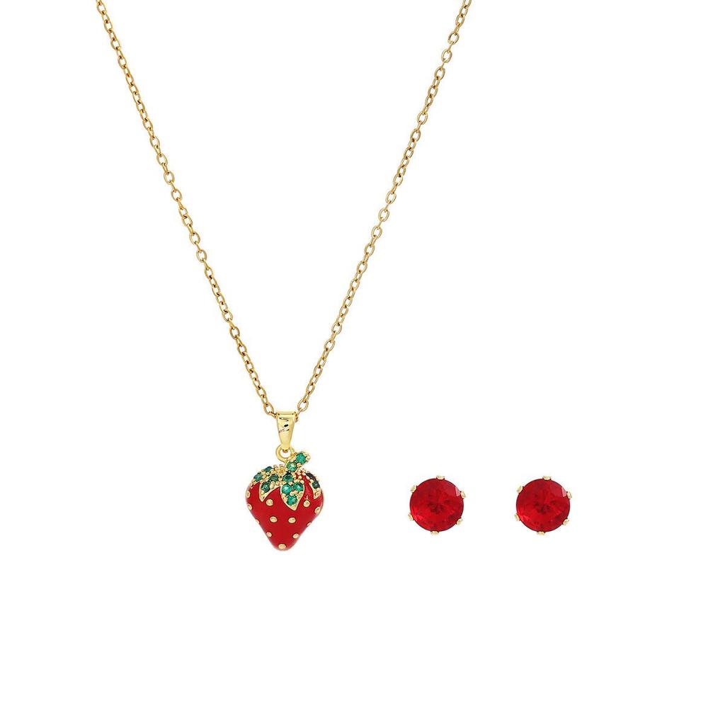 Strawberry Cherry Inlaid Necklace & Earrings Set, Light Luxury Design, 304 Stainless Steel Clavicle Chain for Women