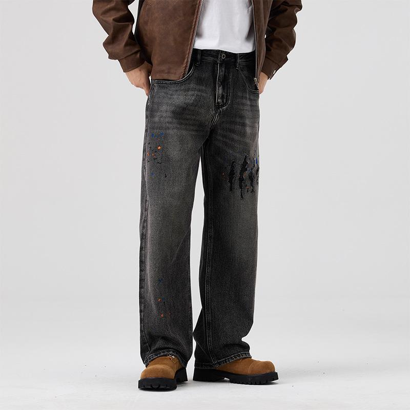 

Новый осенний стиль, модные джинсы с бахромой и принтом, мужские свободные брюки в винтажном стиле 4XL чёрный