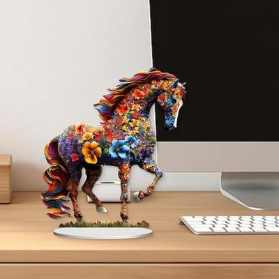 Colorful Flower Horse Acrylic Ornament with Base 2D Flat Horse Table Sign Holiday Party Home Office Bookshelf Desktop Decoration