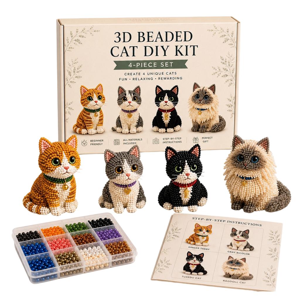 Kit Fai da Te Gatto con Perline 3D Set Completo per Artigianato con Perline Animali per Principianti e Adulti Include Materiali e Istruzioni per Creare Quattro Figure di Gatto