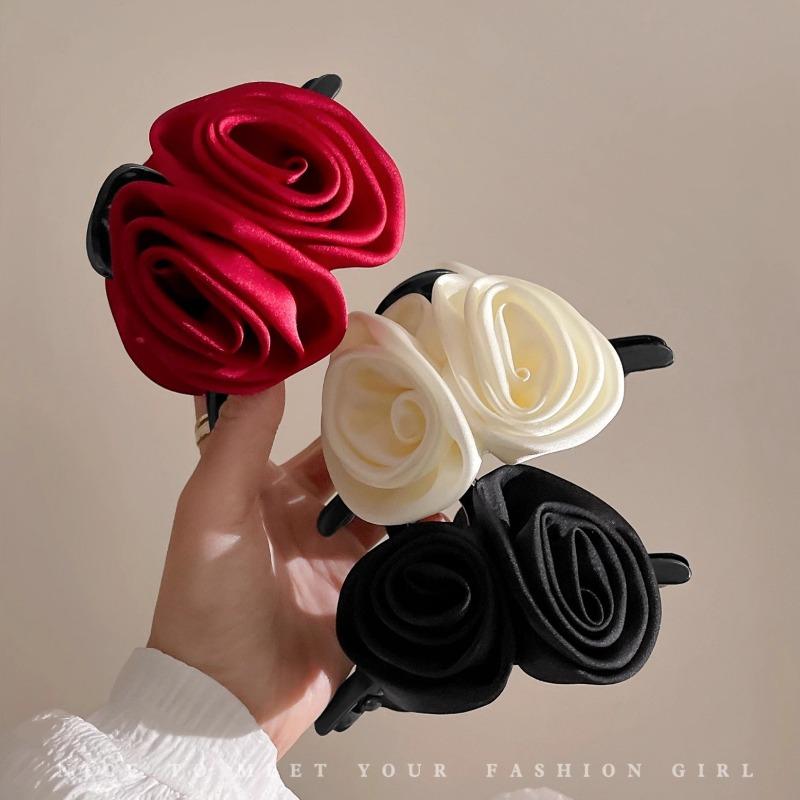 Retro Satin Rose Grab Clip Feminine Hair Clip Large Shark Clip Hair Accessory