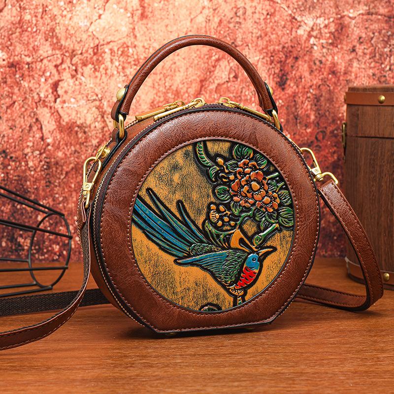 Ethnic Vintage Round Crossbody - Handmade Carved Flower Women's Shoulder Bag Minimalist Texture Commuter Large Capacity Tote Bag