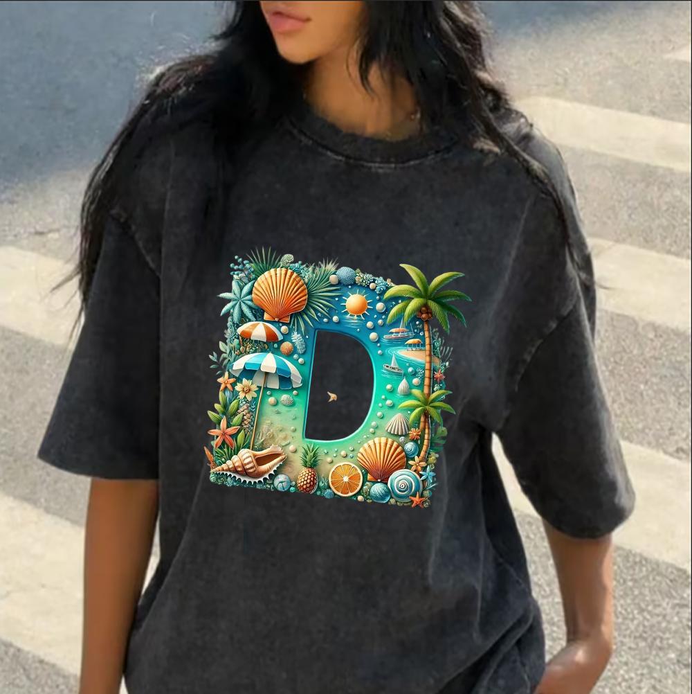 Letter Beach Graphic T Shirt Initial Monogram Tee Ocean Shell Print Summer Vacation Top Women Personalized Gift Shirt Y2k Tshirt